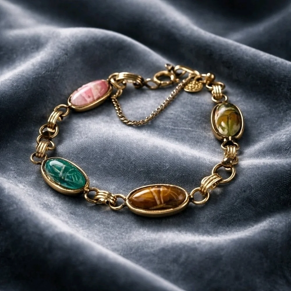 VTG D'or 1/20 12k G F Multicolor Gems Scarab Bracelet